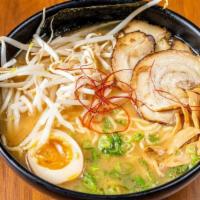 Miso Ramen 味增拉面 · Chicken based soup, menma, bean sprouts, naruto, pork belly, negi, seaweed, shredded red pep...