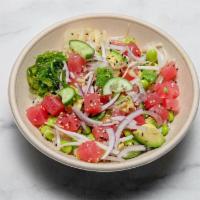 Classic Tuna Bowl · miso sesame shoyu, seaweed salad, cucumber, avocado, edamame, sesame seeds, red onion, bean ...