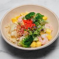 Mango Shrimp Bowl · Shrimp, radish sprouts, broccoli, cucumber, scallion, red pepper, masago, mango chunks, wasa...