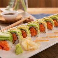Godzilla Roll (8 Pcs) · Spicy tuna, crunch & tobiko inside, topped with avocado