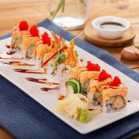 Koi Special Roll · shrimp tempura, cucumber top with spicy lobster salad, tobiko & gold flakes