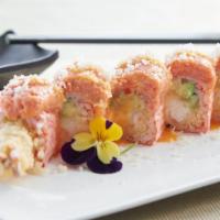 Lady Gaga · Shrimp tempura, eel, avocado, top with spicy tuna, tobiko, crunchy, soybean paper and spicy ...