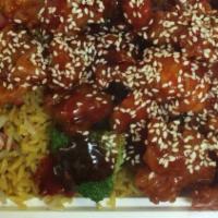 Sesame Chicken Lunch Special · Served with pork fried rice and side.
