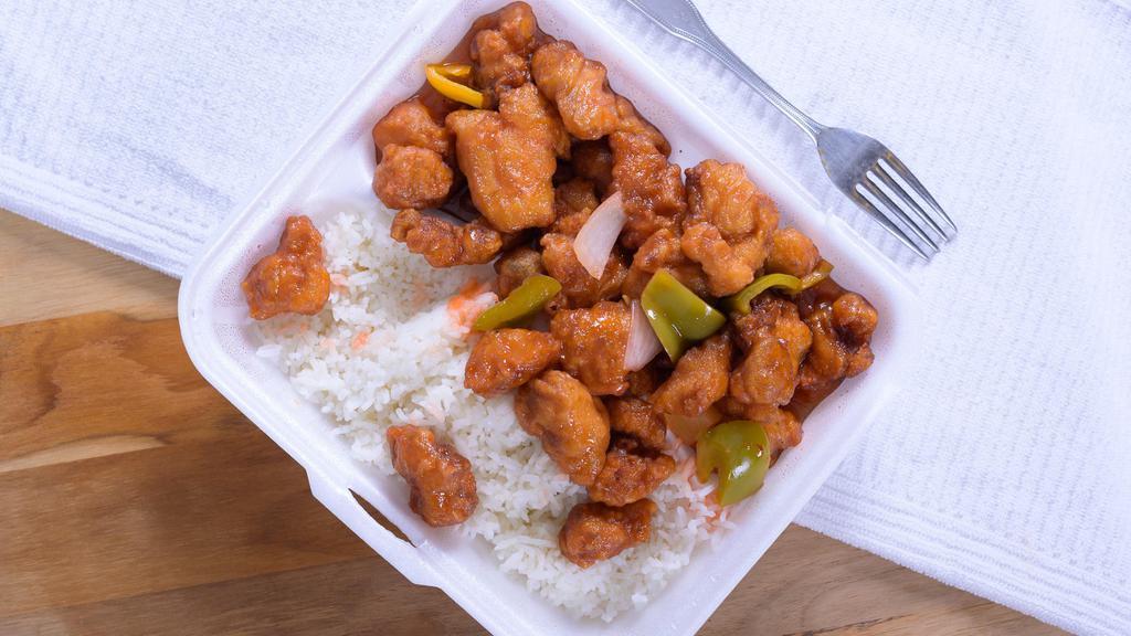 Sweet & Sour Chicken Lunch Special · Served with pork fried rice and side.