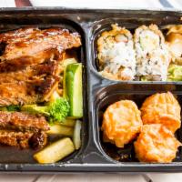 Angus Steak Teriyaki Bento Box · Choice of miso soup or green salad with four pieces california roll three pieces shrimp shum...