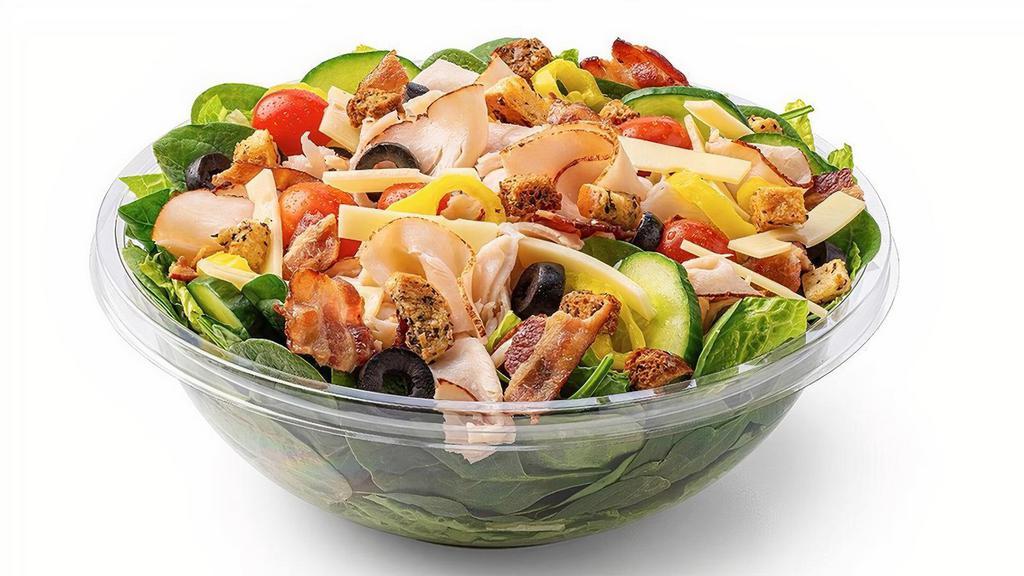 Turkey Club Salad · Turkey, bacon, grape tomatoes, cucumbers, banana peppers & black olives with choice of dressing.