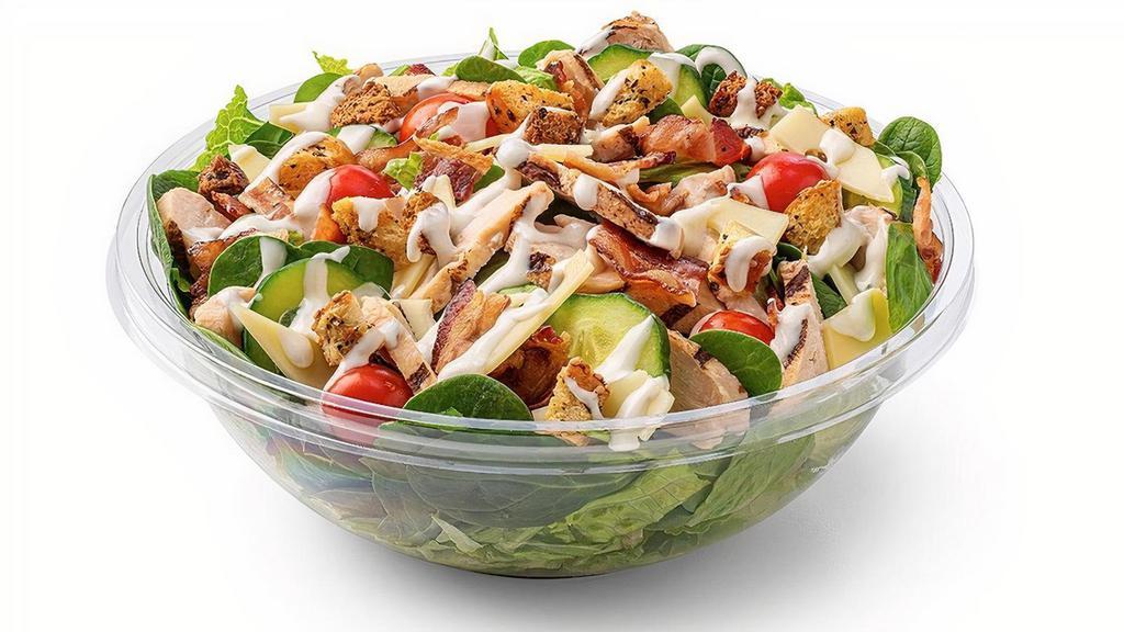 Chicken Bacon Ranch Salad · Chilled chicken, bacon, grape tomatoes, cucumbers & Swiss with creamy ranch.