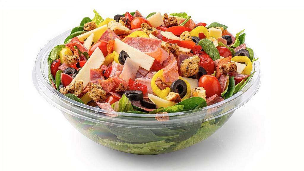 Antipasto Salad · Genoa salami, capicola & spicy ham, grape tomatoes, roasted red & banana peppers, black olives & provolone with choice of dressing.