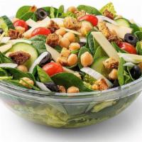 Garden Salad  · Grape tomatoes, cucumbers, black olives, chickpeas & provolone with choice of dressing (Add ...