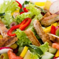 Fiesta Chicken Salad · Fresh salad with grilled chicken, romaine lettuce, tomatoes, carrots, onions, roasted pepper...