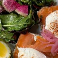 Salmon Eggs · Smoked salmon and two soft poached eggs on rye sourdough with. dill Greek yogurt and pickled...