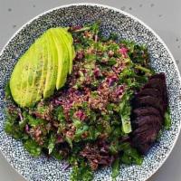 Wellness Bowl · Chopped kale, spinach, shredded red cabbage, chilled red quinoa,. avocado, roasted beet, lem...