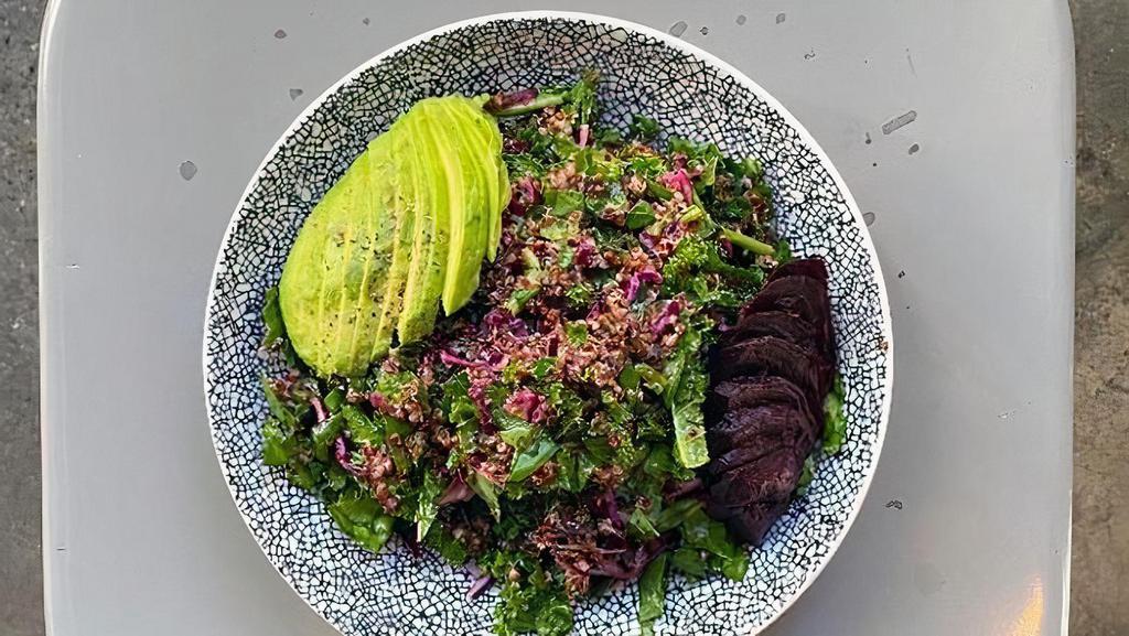 Wellness Bowl · Chopped kale, spinach, shredded red cabbage, chilled red quinoa,. avocado, roasted beet, lemon herb dressing