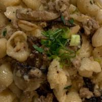 White Bolognese · Shell Pasta w/ Beef, Pork, and Sausage. Mushrooms, White Wine, Sage, Chili Flakes, Touch of ...
