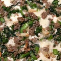 Rustico  · Mozzarella, house ground sausage, broccoli rabe, roasted garlic.