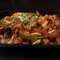 Jeyuk Kimchi Bokum · Spicy. Spicy pork with kimchi, onion, peppers, scallion, and mushroom on sizzling pan served...