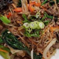 Japche · Veggie only, beef and veggie or tofu. Sweet potato clear noodles, scallion, peppers, onion, ...