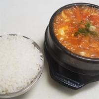 Soon Doo Boo Chigae Lunch Special · Pork, kimchi, mushroom or seafood. Spicy soft tofu stew with onion, green squash and egg ser...