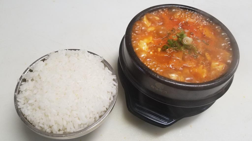 Soon Doo Boo Chigae Lunch Special · Pork, kimchi, mushroom or seafood. Spicy soft tofu stew with onion, green squash and egg served with rice. Spicy.