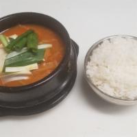 Kimchi Chigae Lunch Special · Korean style kimchi stew with pork, tofu and scallion.