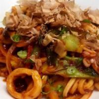 Calamari Bokum Udon Lunch Special · Spicy calamari with onion, peppers, mushroom and bok choy, bonito flakes (dried fish) with u...