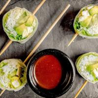 Firenze Spring Roll · Prosciutto, mozzarella, cherry tomatoes, lettuce and rice noodles with a pesto dipping sauce.