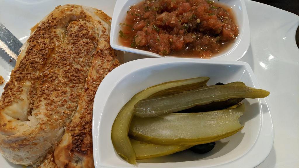Ziva (Turkish Bourekas) · Choice of Cheese, Spinach & Cheese or Potato Served with a Hard Boiled Egg, Salsa, Pickles & Choice of Salad (House or Israeli Salad).