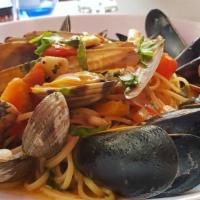 Mezzi Paccheri Frutti Di Mare · scallops, shrimps, mussels, calamari and clams in a spicy tomato sauce