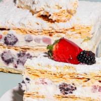 Berry Napoleon Whole Cake · RICH AND LIGHT, FLAKY AND CREAMY
This Berry Napoleon consists of rich custard filled with fr...