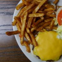 Cheese Burger Deluxe · Served with lettuce, fries, cole slaw and a pickle.