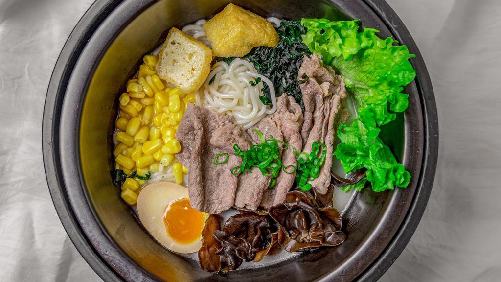 R1 Classic Rice Noodle · Includes corn, soft boiled egg, tofu puffs, wood ear, lettuce and choice of Prime Beef slices or Chashu slices , Vegetarian meat slices or Chicken Slices.