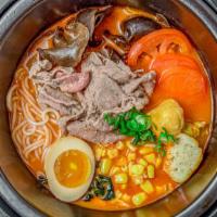 R5 Tomato Soup Rice Noodle · Includes corn, soft boiled egg, tofu puffs, wood ear, lettuce and choice of Prime Beef slice...