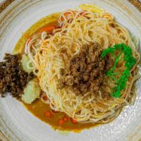 R6 Dan Dan Noodles · Extra hot & spicy. Little spicy. Thin noodle, peanut, sesame, scallion & mushroom and topped...
