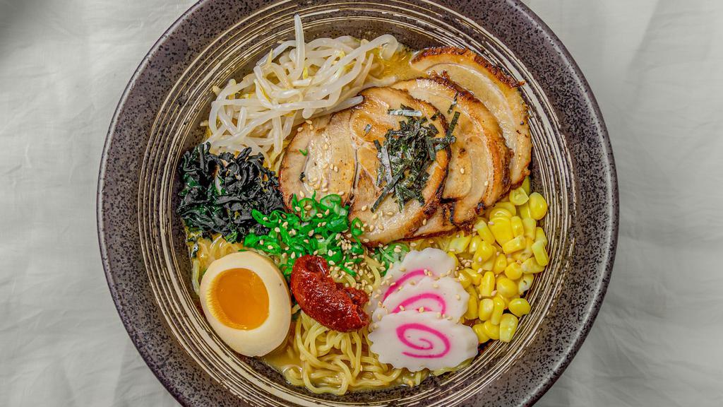 R9 Spicy Miso Ramen · Hot & spicy. Hot and spicy. Includes nori, bean sprout, corn, Chashu Pork Slices, bamboo, scallion, soft boiled egg and sesame.