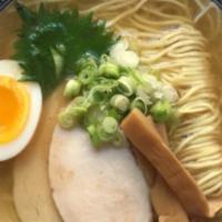 Classic Shio Ramen · A trifecta of nourishing mackerel, pork, and chicken broth, topped with nori, yuzu, marinate...