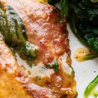 Chicken Saltimbocca · topped with spinach, prosciutto de parma, and homemade fresh mozzarella
