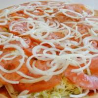 Salad Pizza · Lettuce, tomato, and onion, topped with olive oil and vinegar.