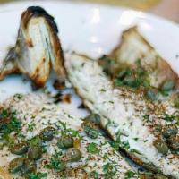 Lavraki · branzino (delicate white fish), served w/ horta GF