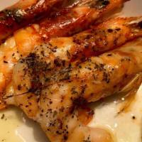 Grilled Shrimp (5Pcs) · simply grilled shrimps (head on), lemon oil, oregano