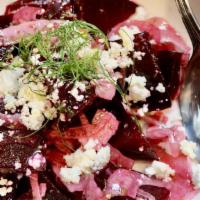 Beet Salad · roasted beets, fennel, goat cheese, roasted garlic vinaigrette V GF