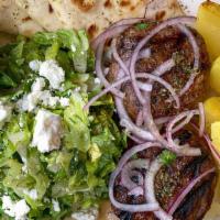 Biftekia Platter · Grilled  Greek-Style Beef & Lamb (2)Patties