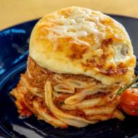 Pastitsio · Pylos’ terrine of baked pasta layered with aromatic meat sauce and béchamel.