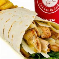Caesar Wrap Combo · Char-grilled chicken with romaine lettuce, shaved parmigiano cheese, and caesar dressing.