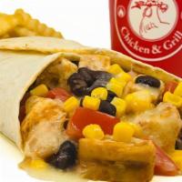 Burrito Wrap Combo · Pulled roasted chicken, rice, beans, and corn topped with blended cheddar cheese.