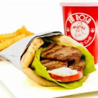 Beef Gyro Pita Combo · Beef gyro served with lettuce, tomato, and tzatziki sauce.