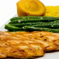 Mild Grilled Chicken Platter · Marinated char-grilled boneless chicken served with 2 side dishes and cornbread.