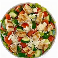Chicken Mediterranean Salad · Romaine lettuce, tomato and cucumber salad, feta cheese, and balsamic vinaigrette topped wit...