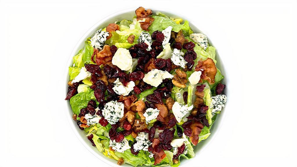 Gorgonzola Salad · Romaine lettuce, dried cranberries, honey roasted walnuts, bacon, red onions, crumbled gorgonzola cheese, and balsamic vinaigrette.