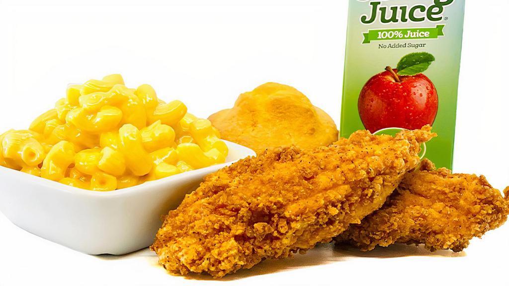 Kids' Tenders (2) · 2 chicken tenders served with 1 side dish, corn, and kids' drink.