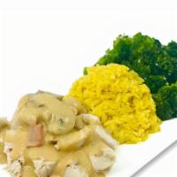 Creamy Mushroom Bowl · Pulled Roasted Chicken in a Cream of Mushroom Sauce served with Rice Pilaf and Garlic Brocco...